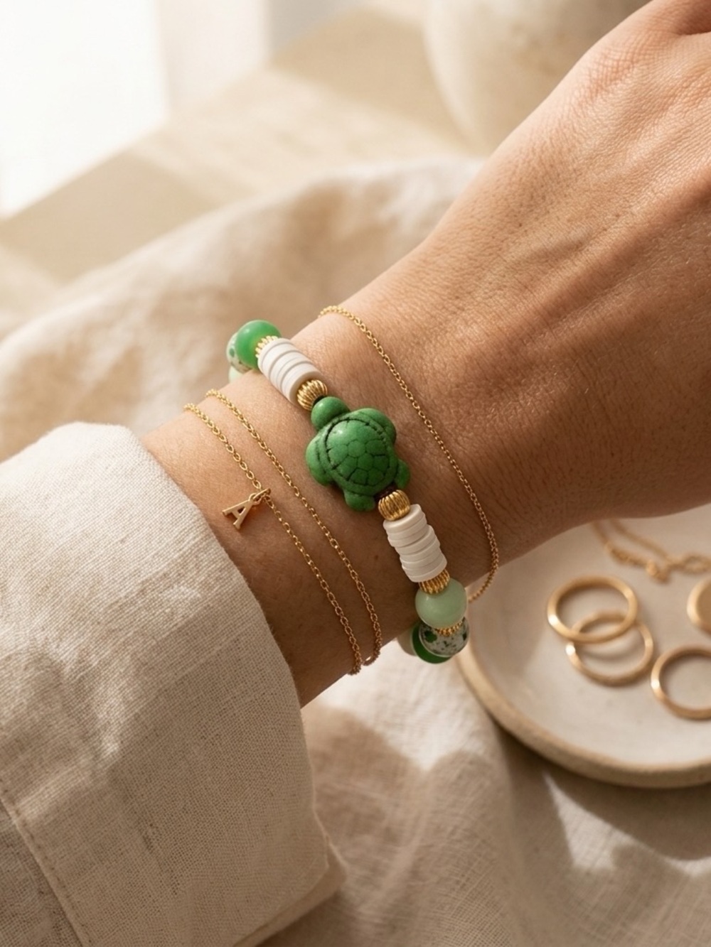 Sea Turtle Serenity Beaded Stretch Bracelet - Green & White
